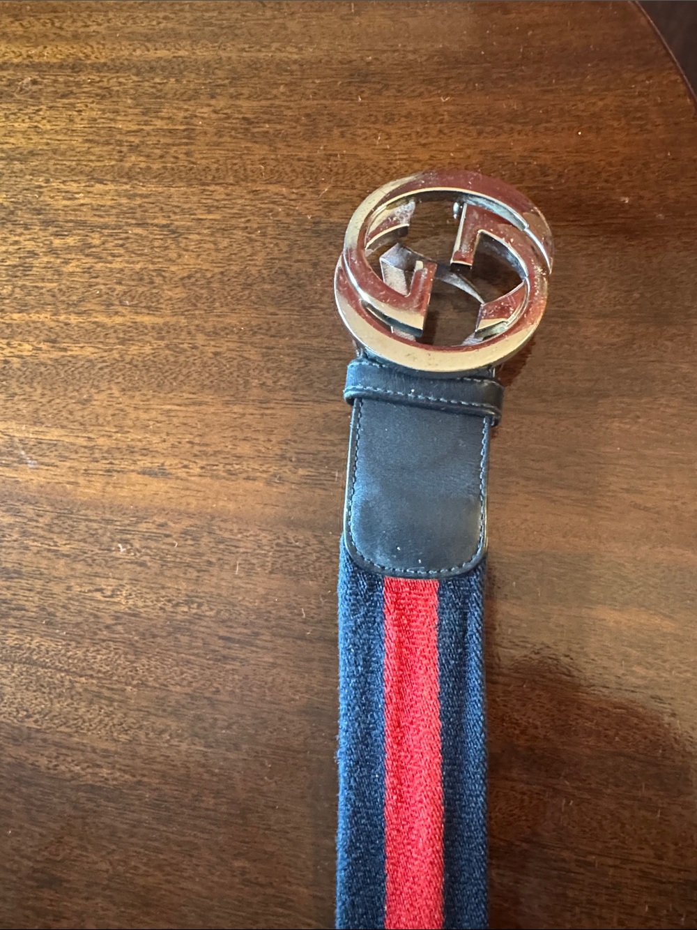 Gucci Navy and Red Web Stripe Belt with Gold Double G Buckle